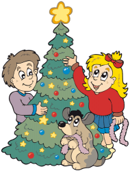 Els nens i un gos decorar l'arbre de Nadal Joc