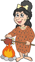 Dona prehistòrica cuinant carn al foc Joc